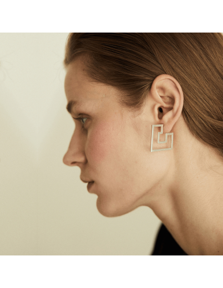 Labyrinth Introspect Empty Square Minimal Earrings, Handmade by Monom