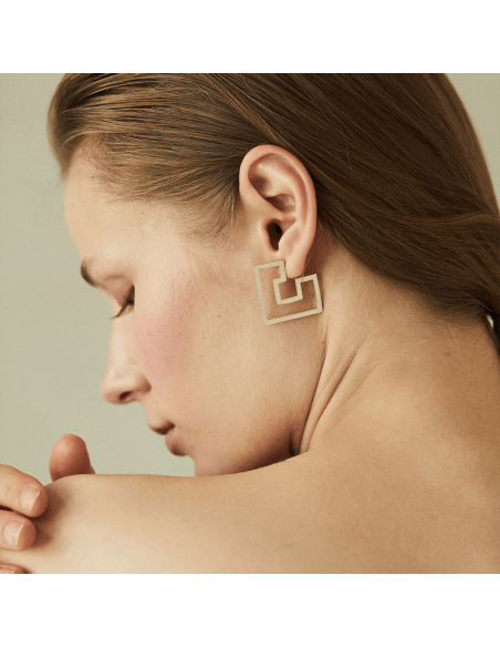 Labyrinth Introspect Empty Square Minimal Earrings, Handmade by Monom